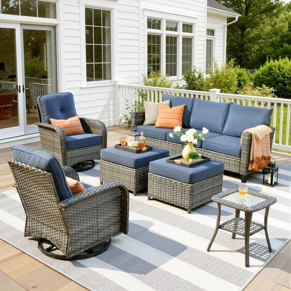Ovios 6 Pieces Outdoor Patio Furniture Set All-Weather Wicker Rattan Sectional Sofa with Swivel Chairs Ottomans Side Table