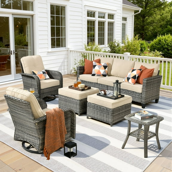 Ovios 6 Pieces Outdoor Patio Furniture Set All-Weather Wicker Rattan Sectional Sofa with Swivel Chairs Ottomans Side Table