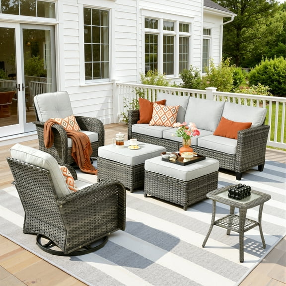 Ovios 6 Pieces Outdoor Patio Furniture Set All-Weather Wicker Rattan Sectional Sofa with Swivel Chairs Ottomans Side Table