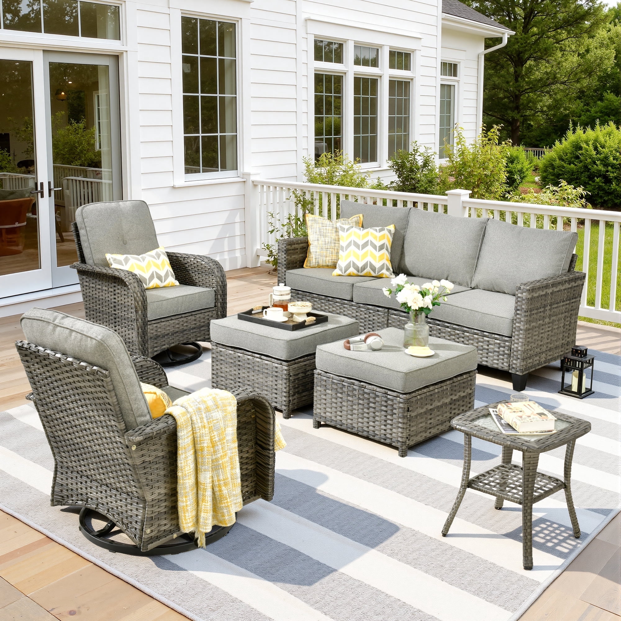 Ovios 6 Pieces Outdoor Patio Furniture Set All-Weather Wicker Rattan Sectional Sofa with Swivel Chairs Ottomans Side Table
