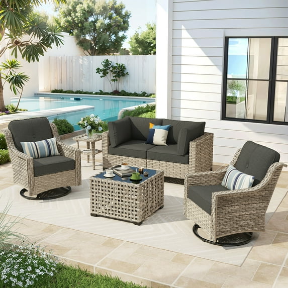 Ovios 6 Pieces Patio Furniture Set with Swivel Rocking Chair All-Weather Wicker Outdoor Conversation Sectional Set with Solar Lamps Coffee Table
