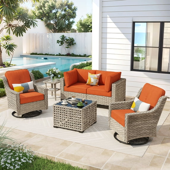 Ovios 6 Pieces Patio Furniture Set with Swivel Rocking Chair All-Weather Wicker Outdoor Conversation Sectional Set with Solar Lamps Coffee Table