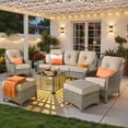thumbnail image 1 of Ovios 6 Pieces Outdoor Furniture Set High Back All-Weather Wicker Patio Conversation Set with Ottomans & Solar Light Coffee Table, Beige, 1 of 11