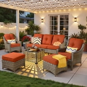 Ovios 6 Pieces Outdoor Furniture Set High Back All-Weather Wicker Patio Conversation Set with Ottomans & Solar Light Coffee Table, Orange Red(Textured)