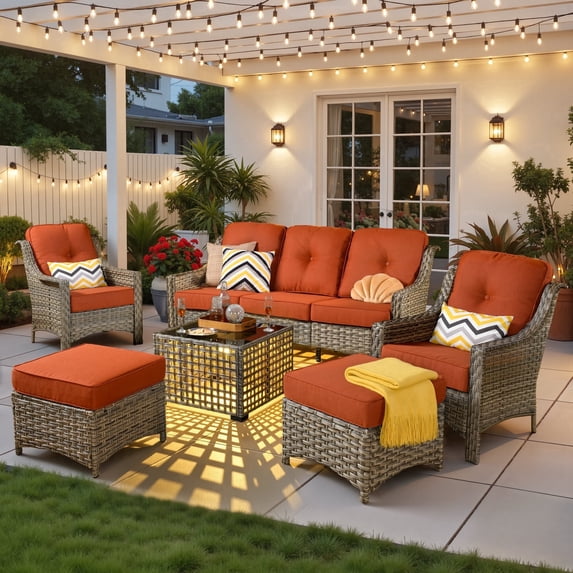 Ovios 6 Pieces Outdoor Furniture Set High Back All-Weather Wicker Patio Conversation Set with Ottomans & Solar Light Coffee Table, Orange Red(Textured)
