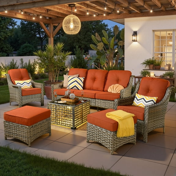 Ovios 6 Pieces Outdoor Furniture Set High Back All-Weather Wicker Patio Conversation Set with Ottomans & Solar Light Coffee Table, Orange Red(Textured)