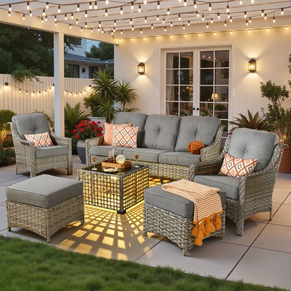 Ovios 6 Pieces Outdoor Furniture Set High Back All-Weather Wicker Patio Conversation Set with Ottomans & Solar Light Coffee Table, Dark Gray