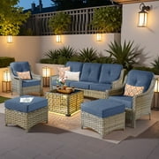Ovios 6 Pieces Outdoor Furniture Set High Back All-Weather Wicker Patio Conversation Set with Ottomans & Solar Light Coffee Table, Denim Blue