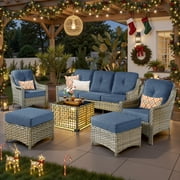 Ovios 6 Pieces Outdoor Furniture Set High Back All-Weather Wicker Patio Conversation Set with Ottomans & Solar Light Coffee Table, Denim Blue