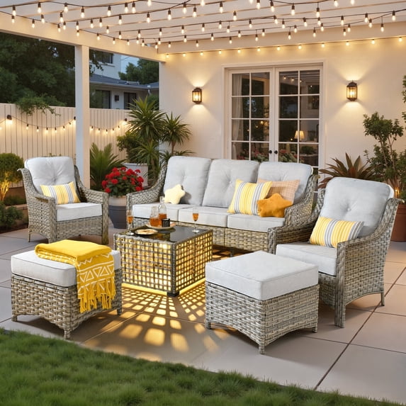Ovios 6 Pieces Outdoor Furniture Set High Back All-Weather Wicker Patio Conversation Set with Ottomans & Solar Light Coffee Table, Gray
