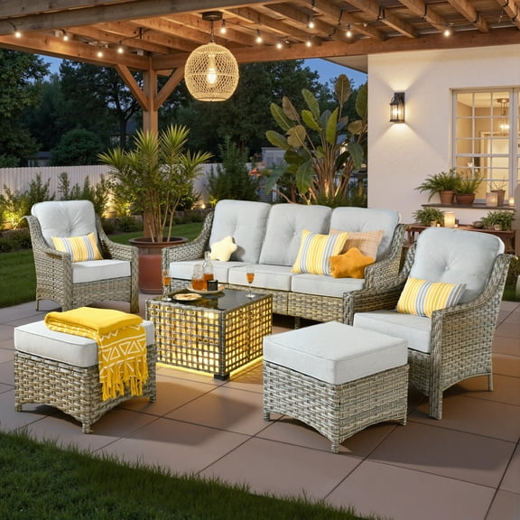 Ovios 6 Pieces Outdoor Furniture Set High Back All-Weather Wicker Patio Conversation Set with Ottomans & Solar Light Coffee Table, Gray