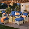 thumbnail image 1 of Ovios 6 Pieces Outdoor Furniture Set High Back All-Weather Wicker Patio Conversation Set with Ottomans & Solar Light Coffee Table, Navy Blue, 1 of 11