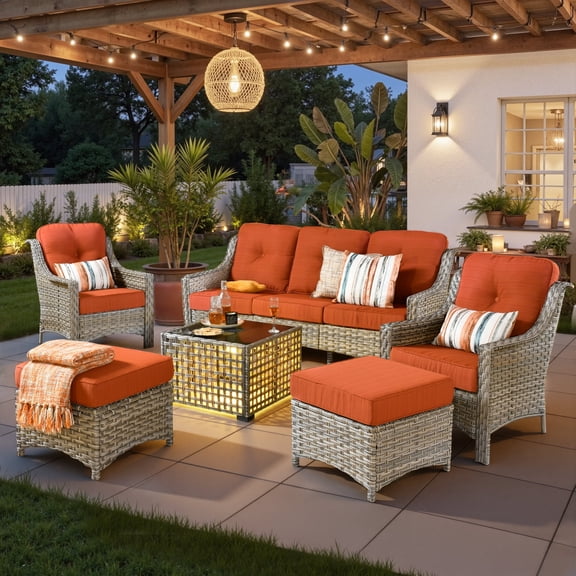Ovios 6 Pieces Outdoor Furniture Set High Back All-Weather Wicker Patio Conversation Set with Ottomans & Solar Light Coffee Table, Orange Red