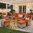 thumbnail image 1 of Ovios 6 Pieces Outdoor Furniture Set High Back All-Weather Wicker Patio Conversation Set with Ottomans & Solar Light Coffee Table, Orange Red, 1 of 11
