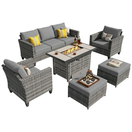Ovios 6 Stainless Steel Sectional Outdoor Conversation Sets with Sofa and Table, Dark Gray