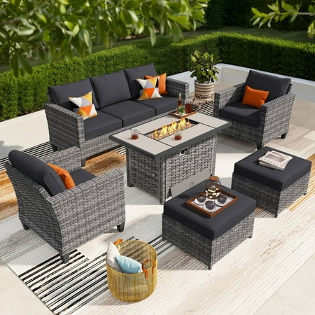 Ovios 6 Stainless Steel Sectional Outdoor Conversation Sets with Table and Sofa, Gray/Black