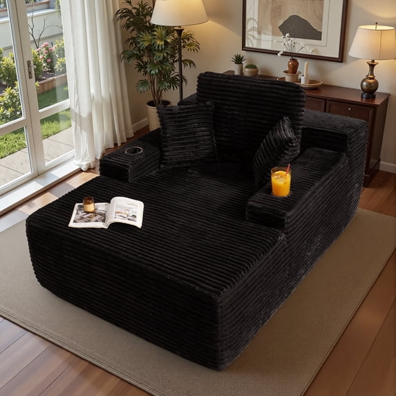 Ovios 67'' Oversized Chaise Lounge Chair Indoor Cloud Plush Corduroy Floor Sofa Bed Deep Seat No Assembly Couch with Cup Holders for Living Room, Black
