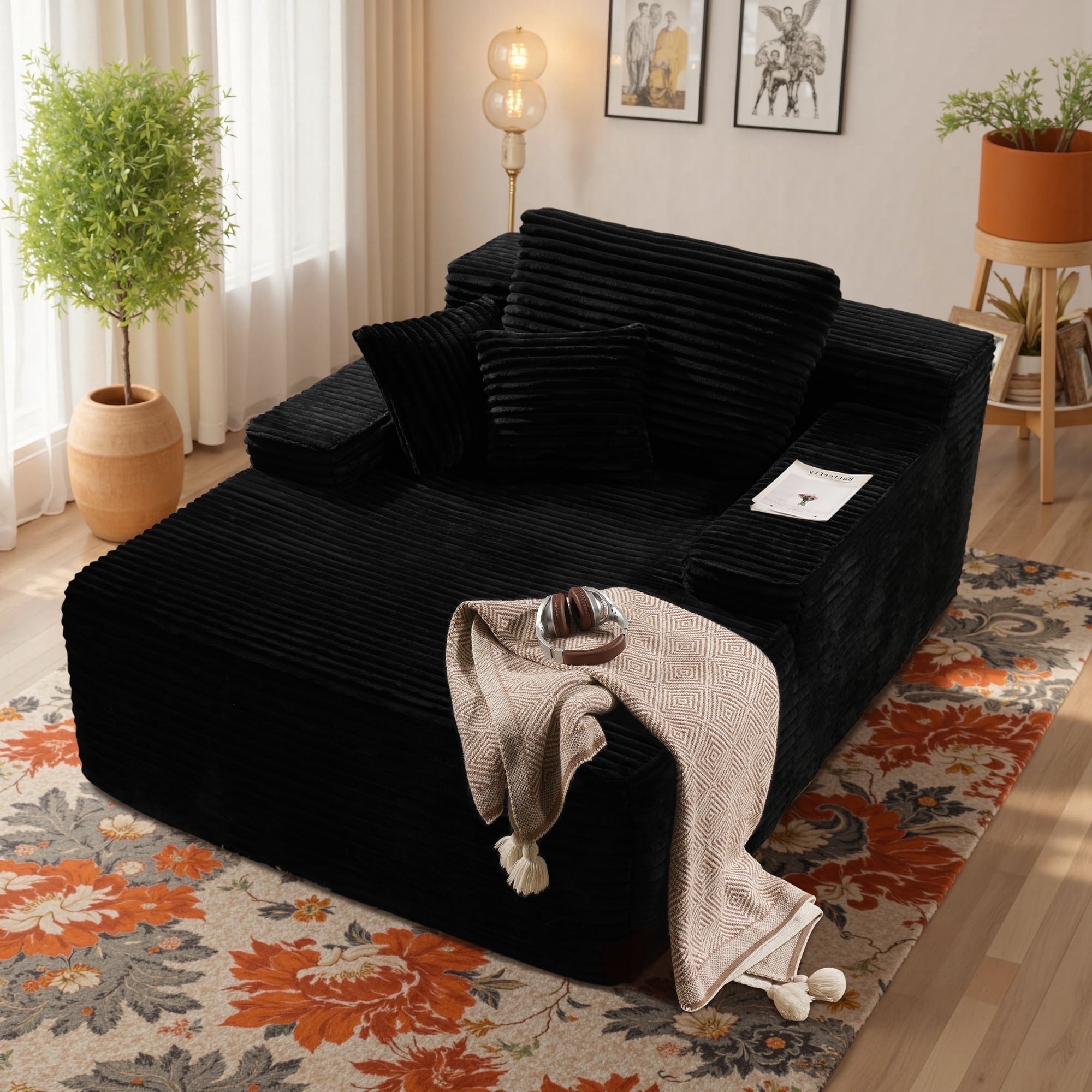 80" Oversized Chaise Lounge Chair - Cloud Plush Sofa Bed, Corduroy, No Assembly Required (Black)