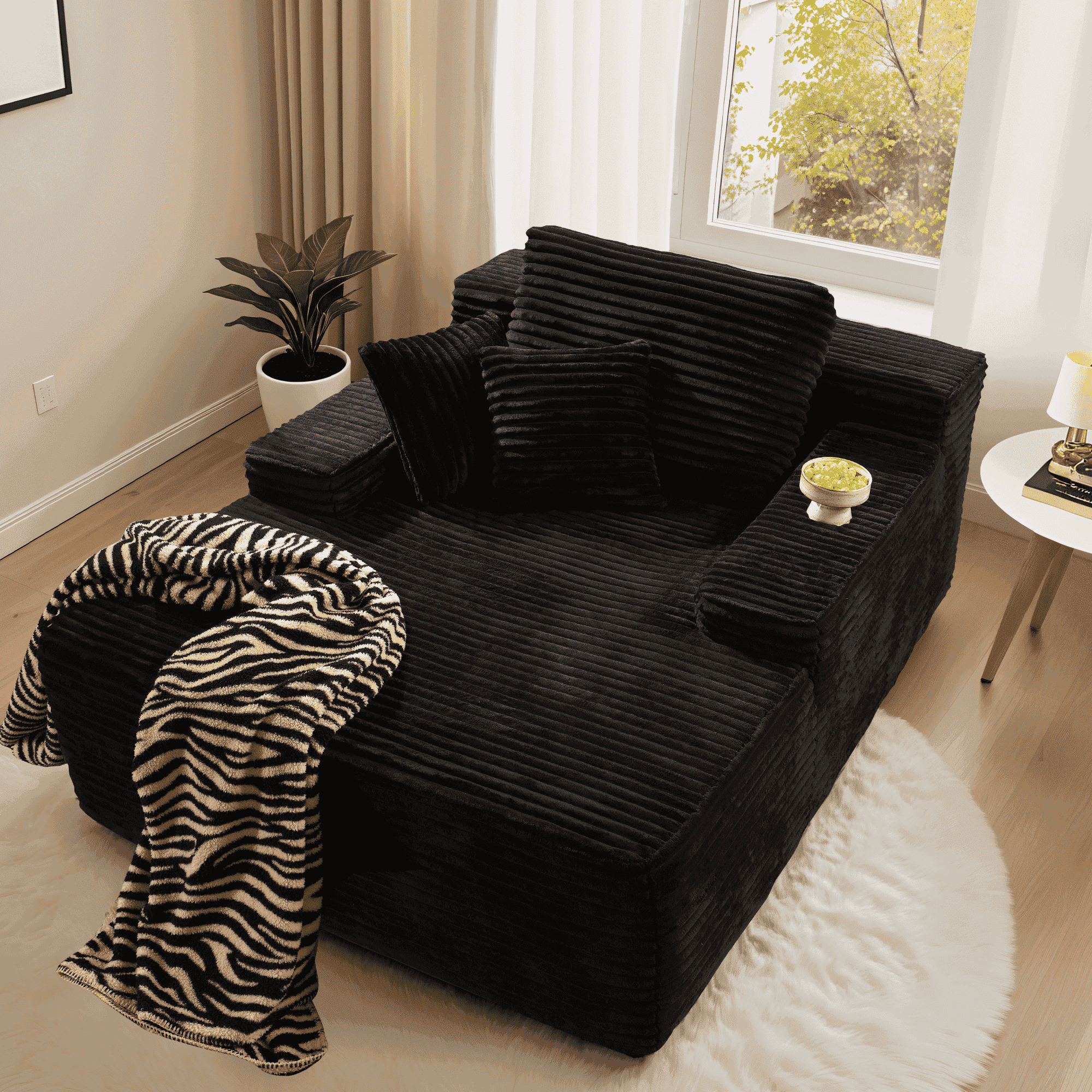 Ovios 67''x48'' Oversized Chaise Lounge Chair Indoor No Assembly Required Cloud Plush Corduroy Upholstered Sofa Bed Cozy Sleeper Couch for Living Room, Black
