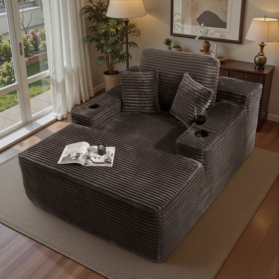 Ovios 67'' Oversized Chaise Lounge Chair Indoor Cloud Plush Corduroy Floor Sofa Bed Deep Seat No Assembly Couch with Cup Holders for Living Room, Gray
