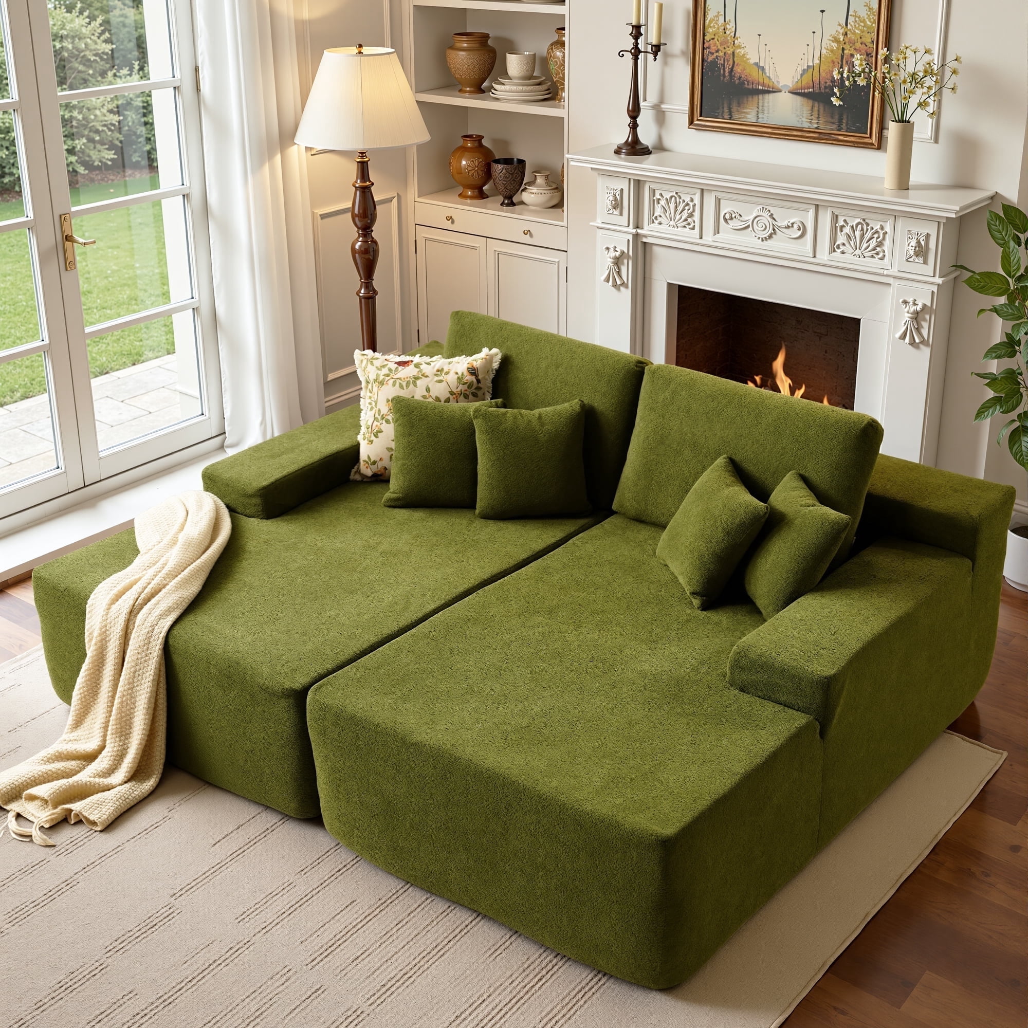 Ovios 74"W Oversized Double Chaise Lounge Chair Deep Seat Cloud Sofa Bed Sleeper Loveseat for Living Room, No Assembly, Green