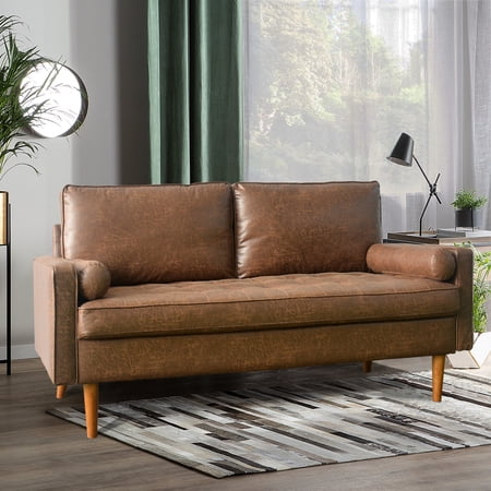 Ovios Mid-Century Modern Suede Loveseat with Armrest, Brown