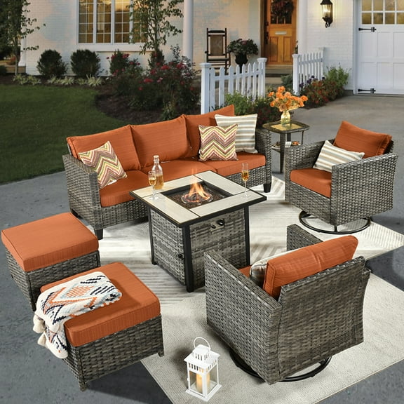 Ovios 7 Count Steel Outdoor Conversation Sets with Fire Pit Table and Swivel Rocker, Orange Red