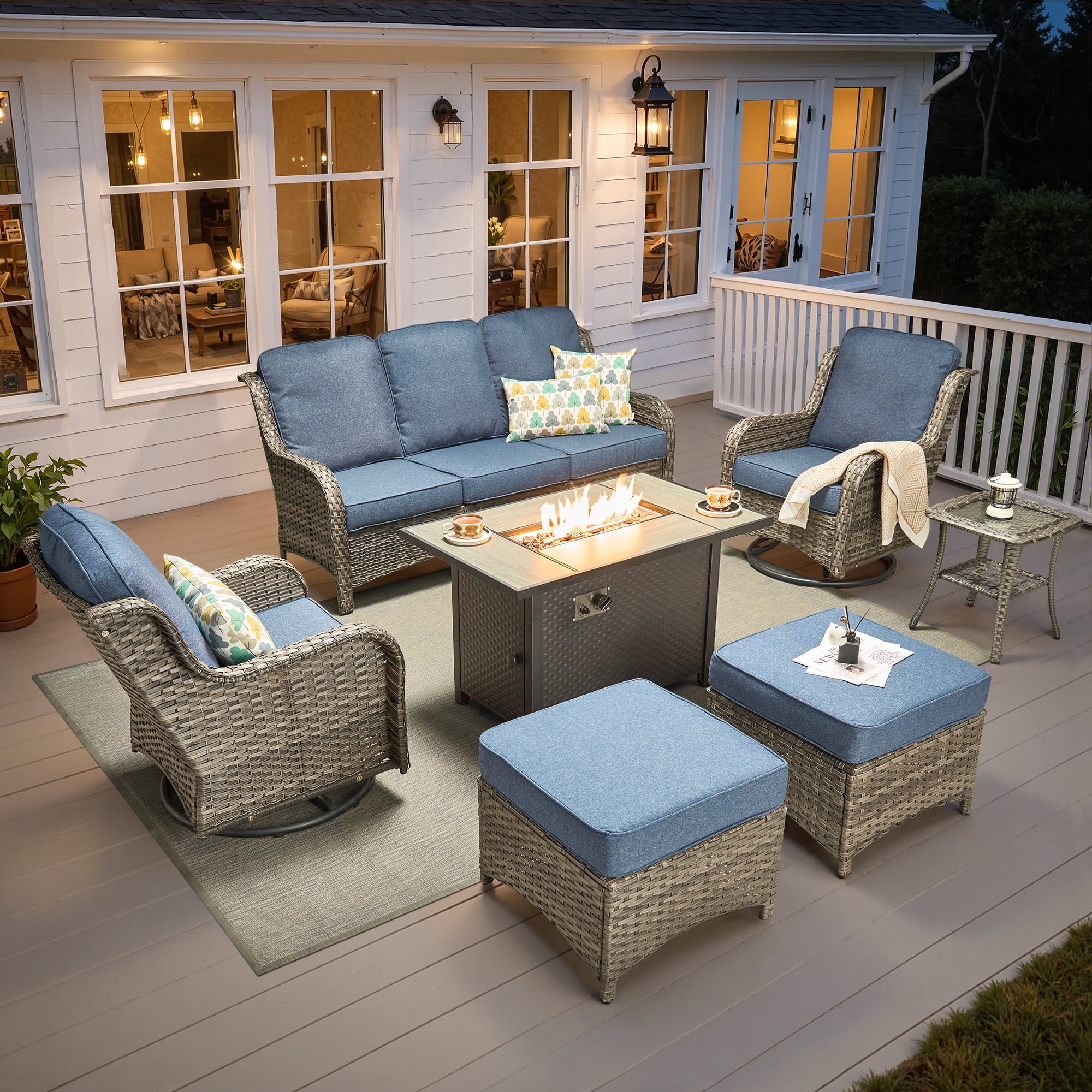 Ovios 7 Piece Outdoor Patio Furniture Set All-Weather Wicker Rattan Conversation Set with High Back Swivel Chairs & Propane Fire Pit Table, Denim Blue