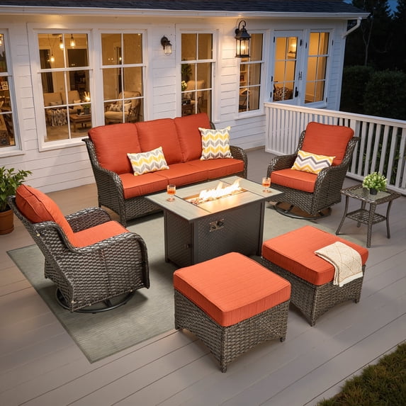 Ovios 7 Piece Outdoor Patio Furniture Set All-Weather Wicker Rattan Conversation Set with High Back Swivel Chairs & Propane Fire Pit Table, Orange Red