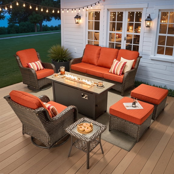 Ovios 7 Piece Outdoor Patio Furniture Set All-Weather Wicker Rattan Conversation Set with High Back Swivel Chairs & Propane Fire Pit Table, Orange Red