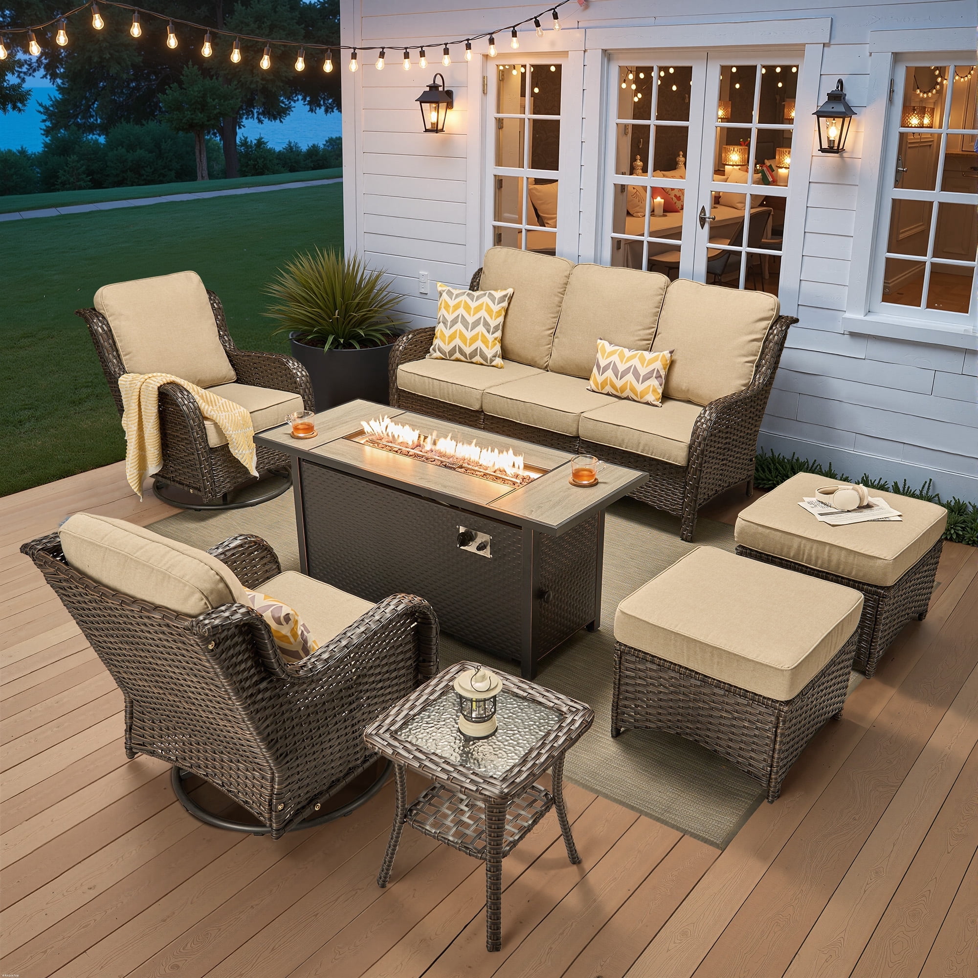 Ovios 7 Piece Outdoor Patio Furniture Set All-Weather Wicker Rattan Conversation Set with High Back Swivel Chairs & Propane Fire Pit Table, Beige
