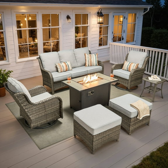 Ovios 7 Piece Outdoor Patio Furniture Set All-Weather Wicker Rattan Conversation Set with High Back Swivel Chairs & Propane Fire Pit Table, Gray