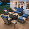 thumbnail image 1 of Ovios 7 Piece Outdoor Patio Furniture Set All-Weather Wicker Rattan Conversation Set with High Back Swivel Chairs & Propane Fire Pit Table, Navy Blue, 1 of 12