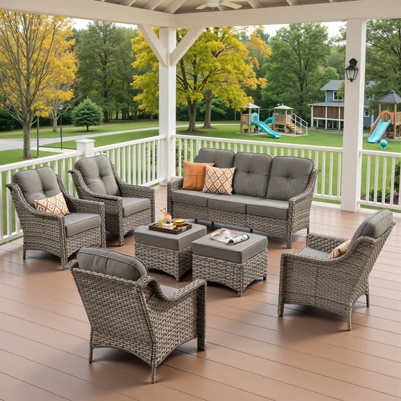 Ovios 7 Piece Patio Furniture Set, Outdoor Conversation Set All-Weather PE Wicker Sofa Chair Set for Backyard, Deck and Porch, Dark Grey
