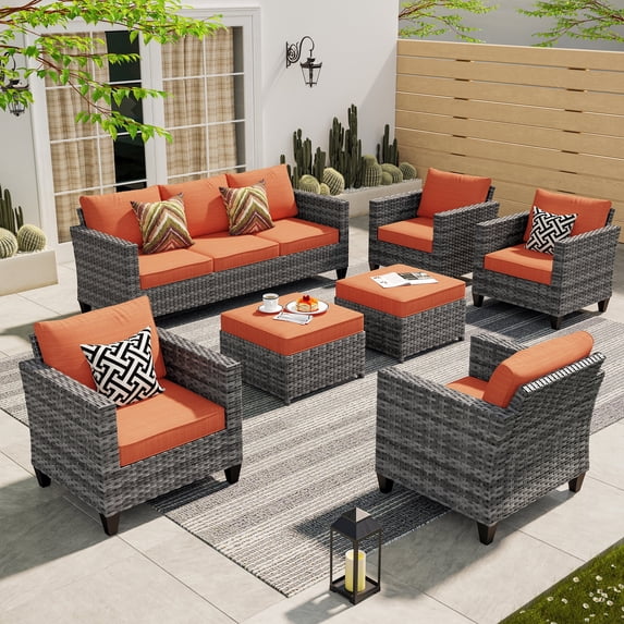 Ovios 7 Piece Patio Furniture Set Wicker Rattan Outdoor Conversation Sectional Furniture with Couch, Chair, Ottomans, Cushion for Backyard