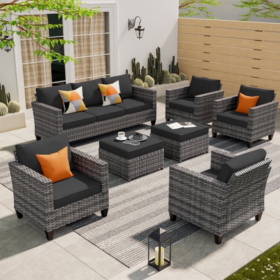Ovios 7 Piece Patio Furniture Set Wicker Rattan Outdoor Conversation Sectional Furniture with Couch, Chair, Ottomans, Cushion for Backyard