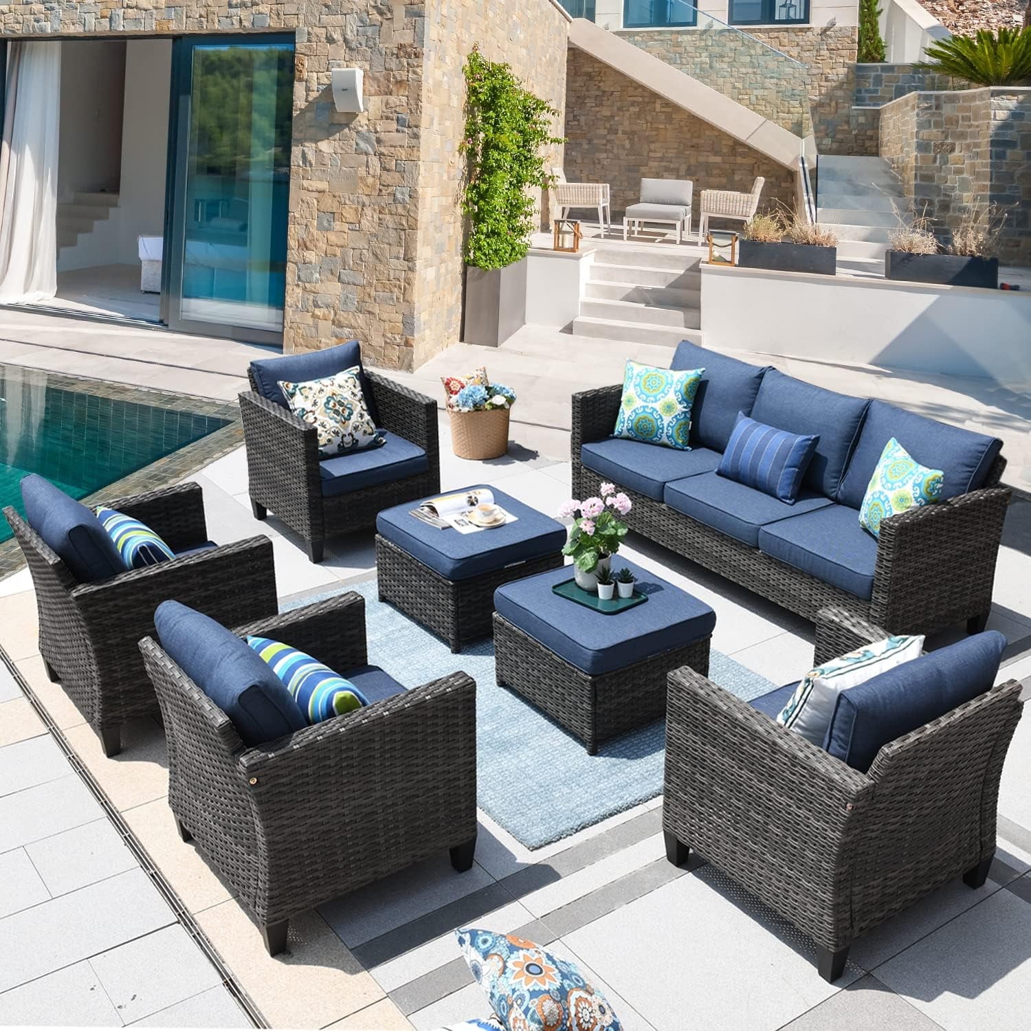 Ovios 7 Pieces Patio Furniture Set All-Weather Wicker Rattan Conversation Set Outdoor Sectional with Cushions for Backyard, Denim Blue - Shop  Black Friday Deals for 2024!