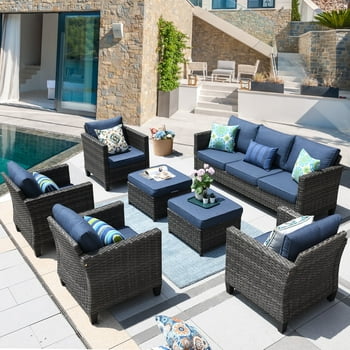 Ovios 7 Pieces Modern Outdoor Patio Furniture Set All Weather Wicker Conversation Set with Sectional Couch and Ottoman for Backyard