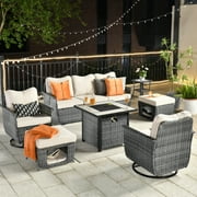 Ovios 7 Pieces Outdoor Furniture Set with Fire Pit Wicker Patio Sectional Sofa Furniture with Swivel Chair & Beige Cushions