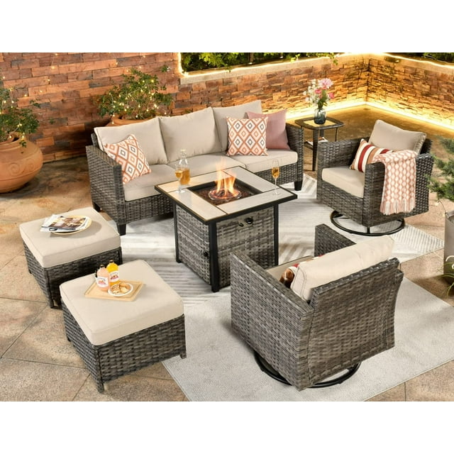 Ovios 7 Pieces Outdoor Furniture with 50,000 BTU Fire Pit Table All