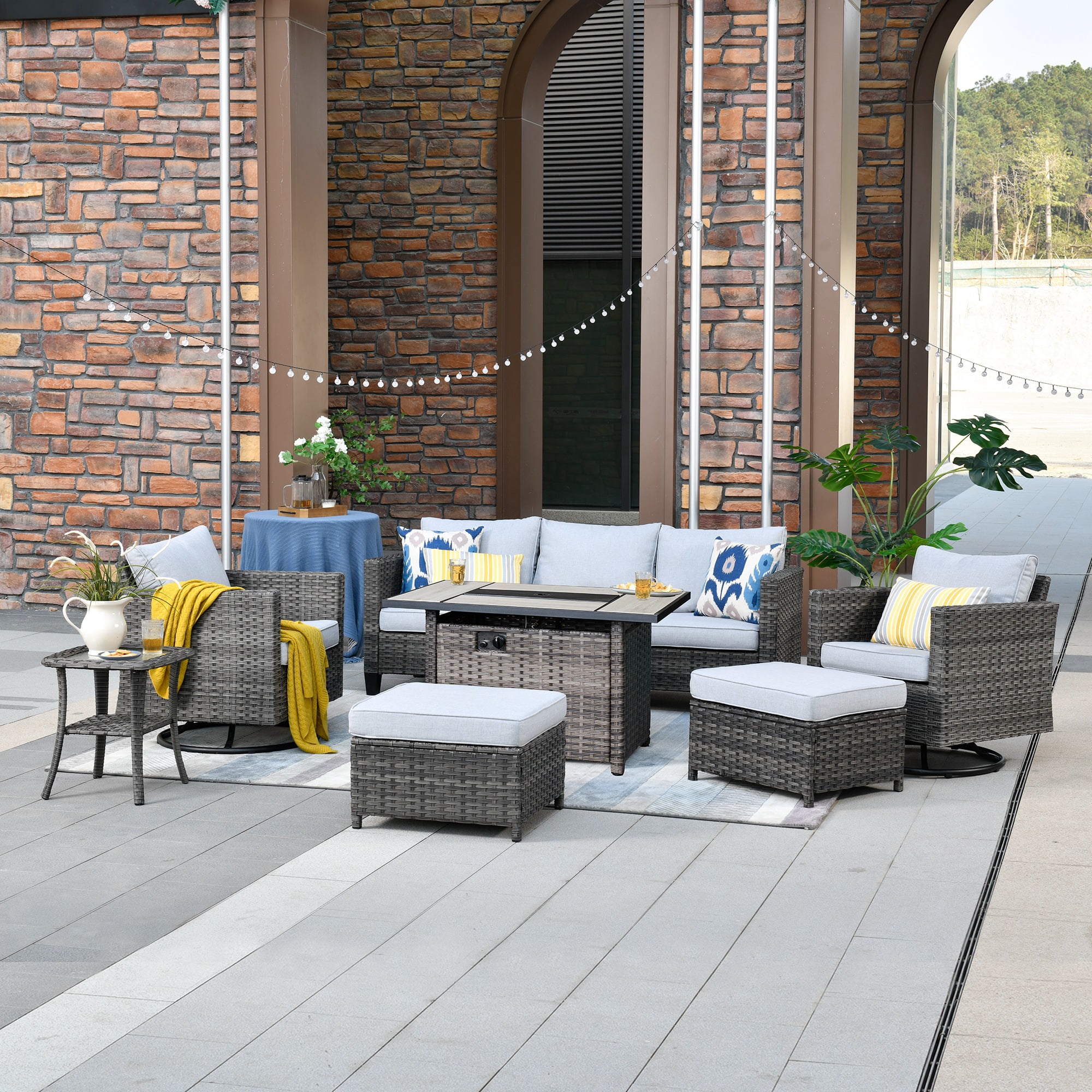 Ovios 7 Pieces Outdoor Furniture with 50,000 BTU Fire Pit Table All