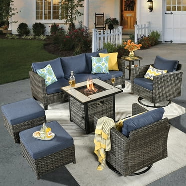 Ovios 7 Pieces Outdoor Furniture with 50,000 BTU Fire Pit Table All Weather Wicker Patio Conversation Set with Swivel Rocker