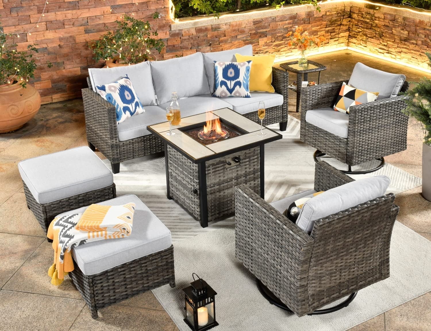 Ovios 7 Pieces Outdoor Furniture with 50,000 BTU Fire Pit Table All Weather Wicker Patio