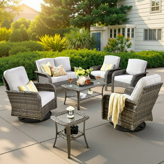 Ovios 7 Pieces Outdoor Patio Furniture Set High Back All Weather Wicker Conversation Set with Swivel Chairs & Coffee Table, Gray