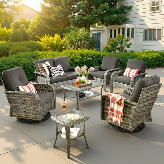 Ovios 7 Pieces Outdoor Patio Furniture Set High Back All Weather Wicker Conversation Set with Swivel Chairs & Coffee Table, Black