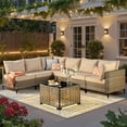 thumbnail image 1 of Ovios 7 Pieces Outdoor Patio Furniture Set PE Wicker Rattan Sofa Set with Solar Table, Beige, 1 of 8