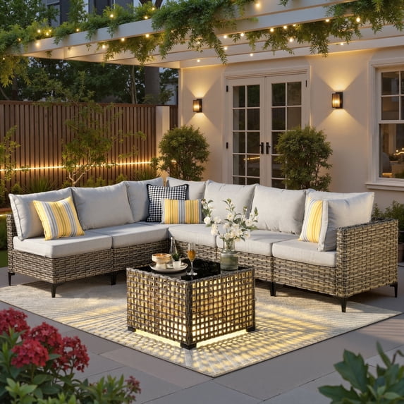 Ovios 7 Pieces Outdoor Patio Furniture Set PE Wicker Rattan Sofa Set with Solar Table, Gray