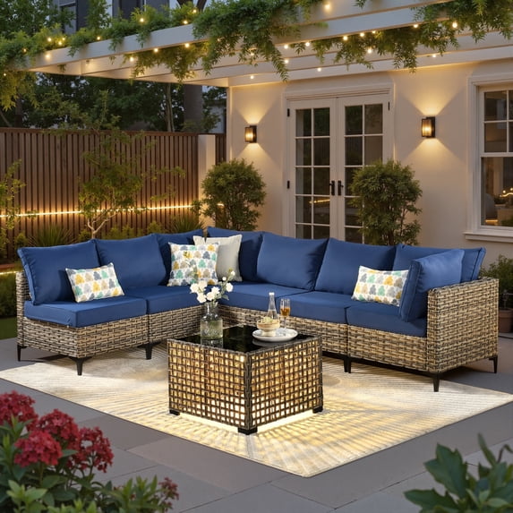 Ovios 7 Pieces Outdoor Patio Furniture Set PE Wicker Rattan Sofa Set with Solar Table, Navy Blue