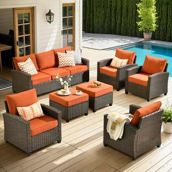 Ovios 7 Pieces Outdoor Patio Furniture Set Wicker Rattan Outside Conversation Sectional Sofa for Backyard