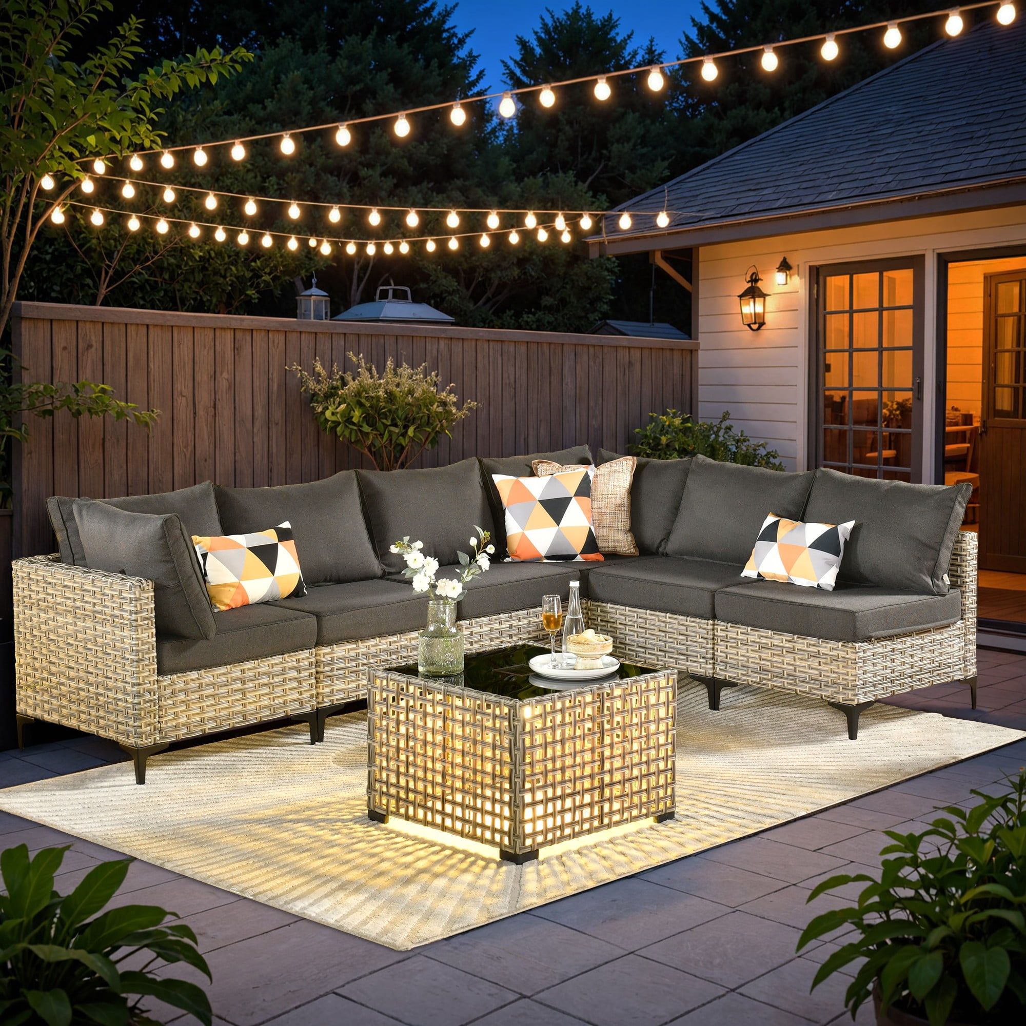Ovios 7 Pieces Outdoor Patio Furniture Wicker Conversation Sectional with Solar Lamps Coffee Table for Backyard